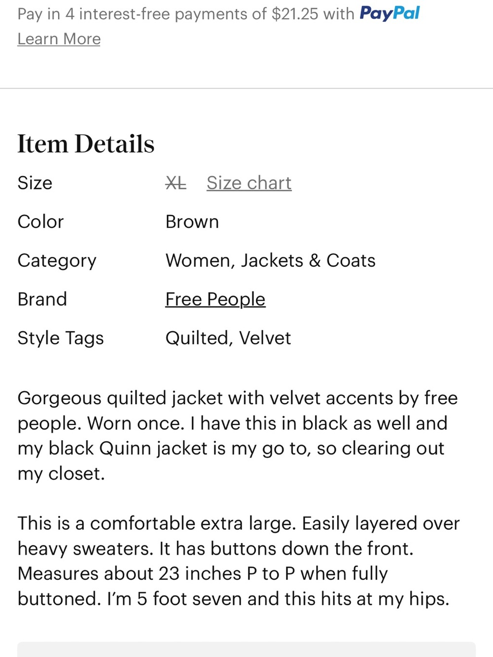 Free People Quinn Quilted Jacket in Brown Bronze size XL - Picture 3 of 3